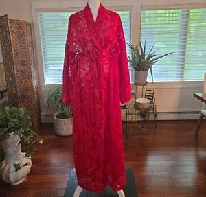 VTG Victorias Secret Gold Label Floral Kimono Maxi Robe Red Womens Large